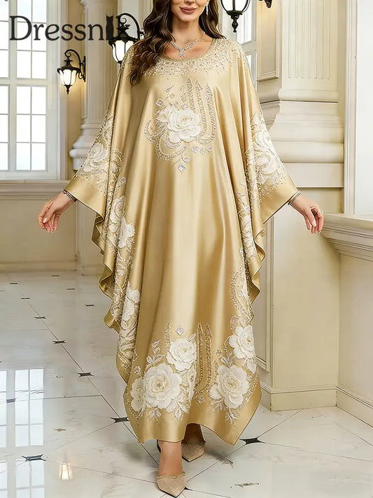 Frauen Elegantes künstlerisches Muster lässig lose Batwing Sleeve lange Plus Size Kleid A / EINS