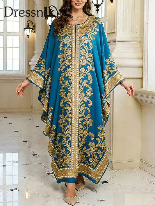 Frauen Elegantes künstlerisches Muster lässig lose Batwing Sleeve lange Plus Size Kleid A / EINS