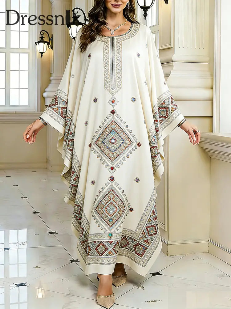 Frauen Elegantes künstlerisches Muster lässig lose Batwing Sleeve lange Plus Size Kleid A / EINS