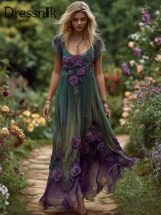Frauen Elegantes mit Blumen besticktes Maxi kleid aus Leinen als bild / S