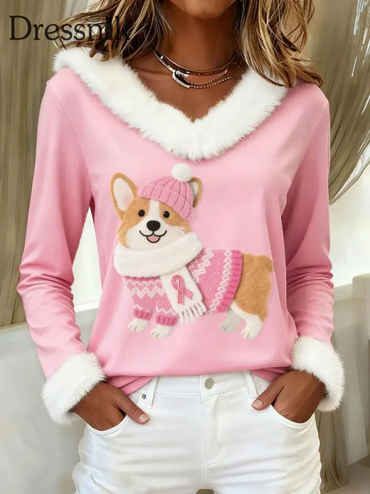 Frauen Filz Kunst Corgi Hunde muster pelzigen Top Rosa / S