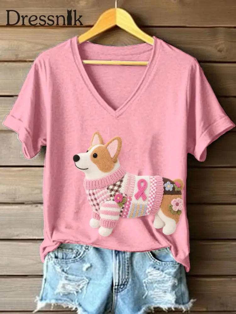Frauen Filz Kunst Corgi Muster V Ausschnitt T Shirt Rosa / S