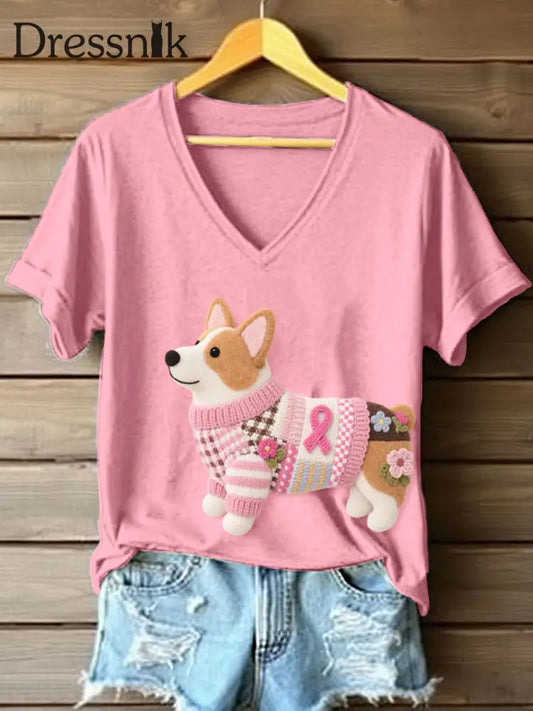 Frauen Filz Kunst Corgi Muster V Ausschnitt T Shirt Rosa / S