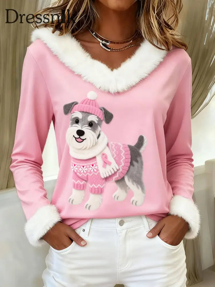 Frauen Filz Kunst Schnauzer Hunde muster Furry Top Rosa / S