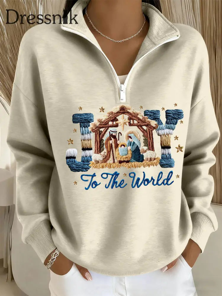Frauen freude auf die Welt gedruckt Casual Zip-Up Top Aprikose / S