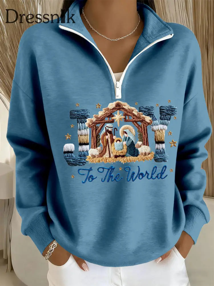 Frauen freude auf die Welt gedruckt Casual Zip-Up Top Blau / S