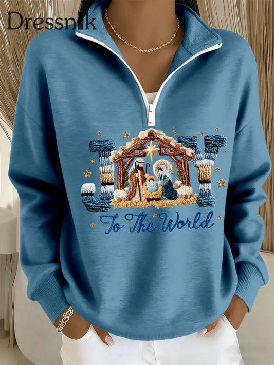 Frauen freude auf die Welt gedruckt Casual Zip-Up Top Blau / S