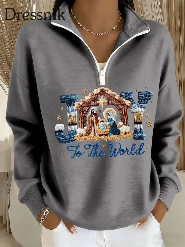 Frauen freude auf die Welt gedruckt Casual Zip-Up Top Grau / S