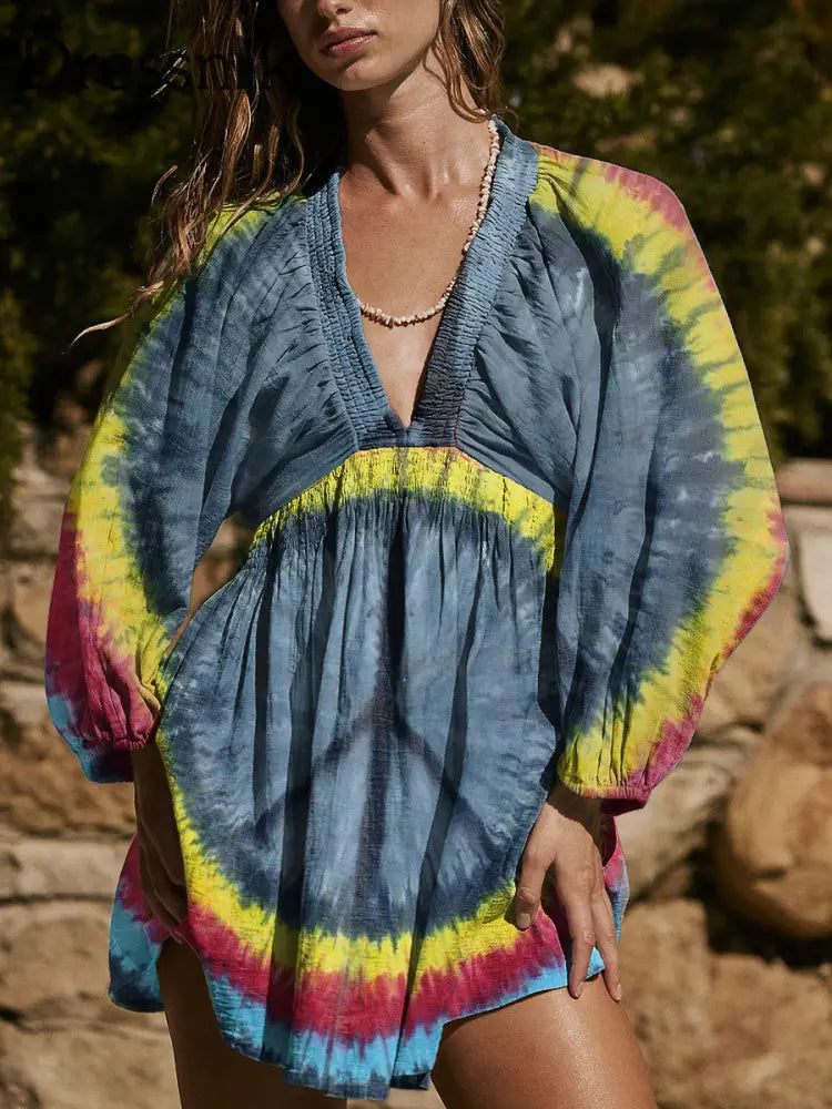 Frauen Frieden und Liebe Print Baumwolle V-Ausschnitt Mini kleid bunt / S