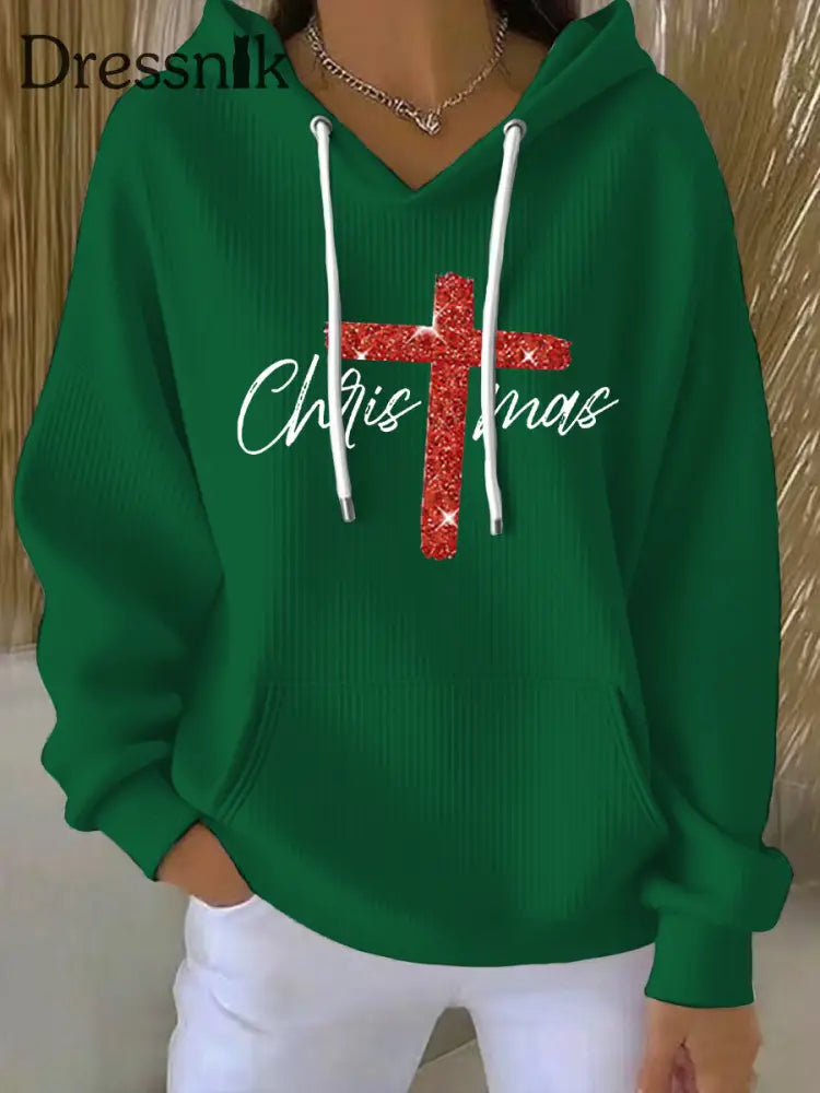 Frauen Frohe Weihnachten Kreuz druck Gerippter Hoodie Grün / S
