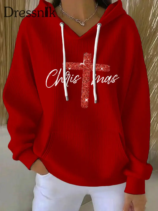 Frauen Frohe Weihnachten Kreuz druck Gerippter Hoodie Rot / S