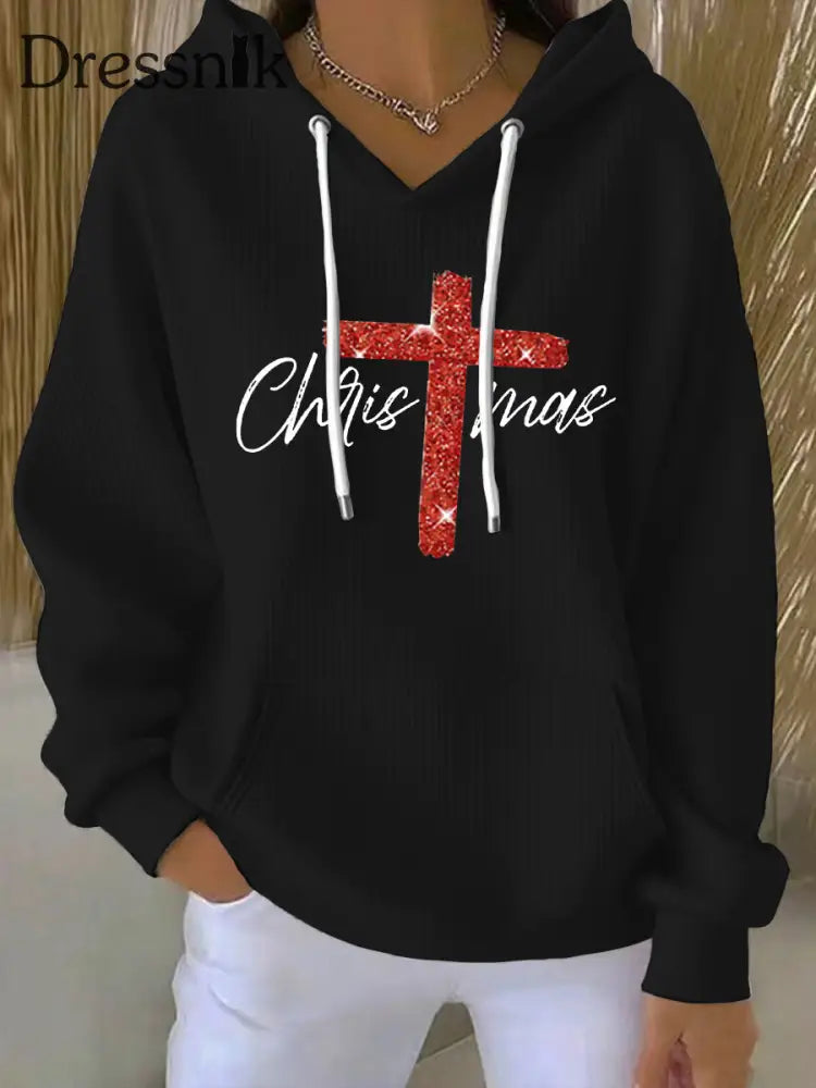 Frauen Frohe Weihnachten Kreuz druck Gerippter Hoodie Schwarz / S