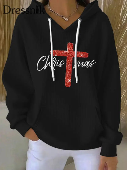 Frauen Frohe Weihnachten Kreuz druck Gerippter Hoodie Schwarz / S