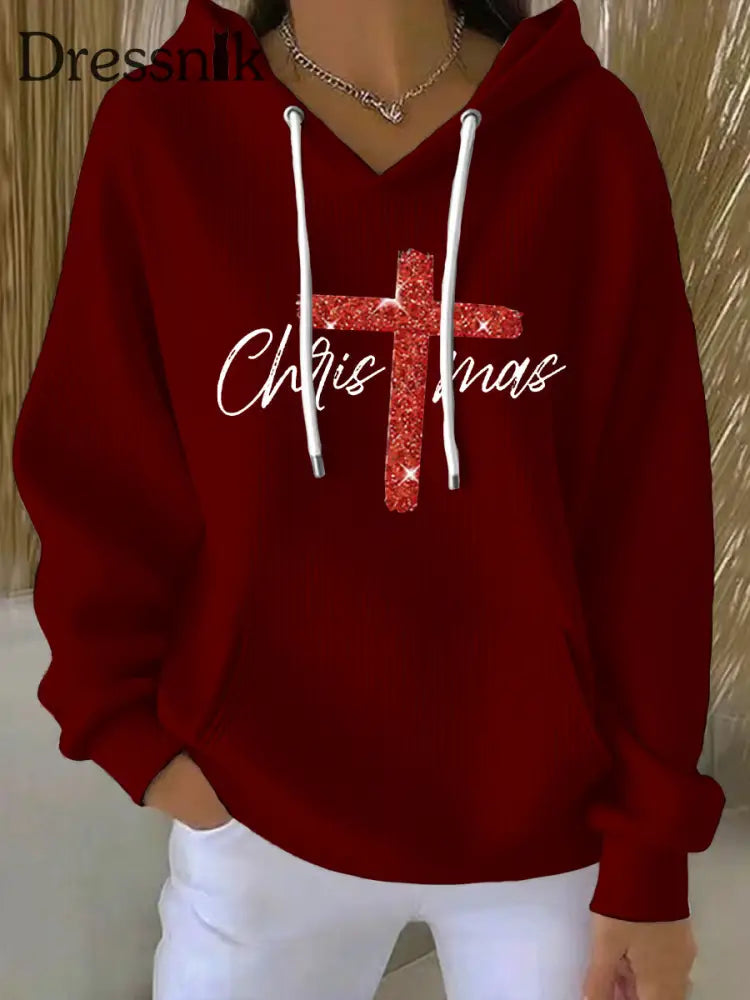 Frauen Frohe Weihnachten Kreuz druck Gerippter Hoodie Weinrot / S