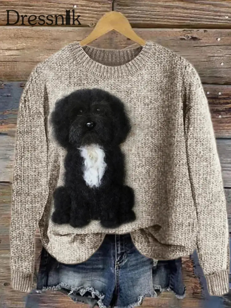 Frauen Fuzzy Hunde wolle Kunst Gemütliche Strick pullover Schwarz / S
