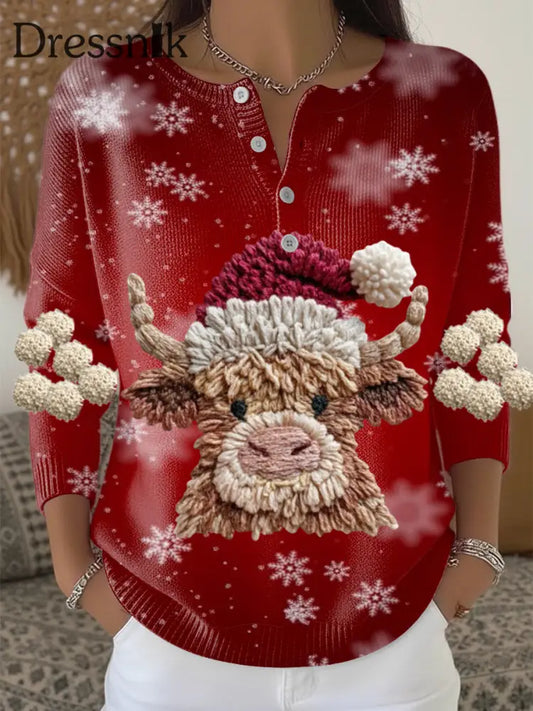 Frauen Gemütliche Schneeflocke Hochland Kuh Druck Henley Hals Pullover mehrfarbig / S