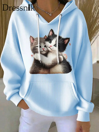 Frauen geschnittener Katzen-Hoodie Hellblau / S