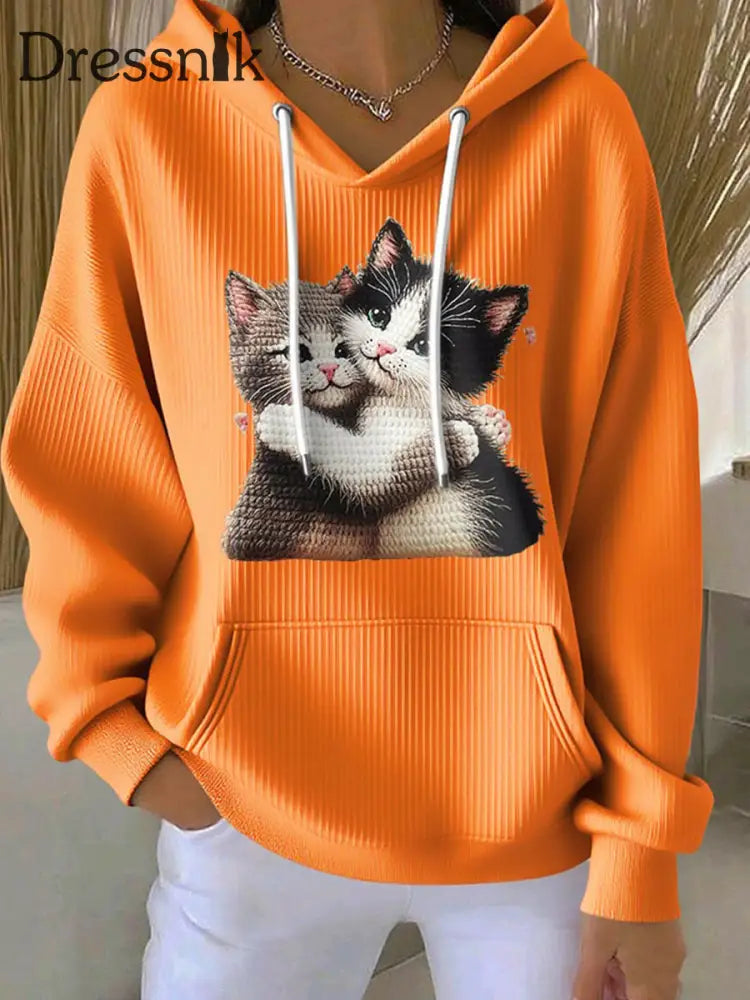 Frauen geschnittener Katzen-Hoodie Orange / S