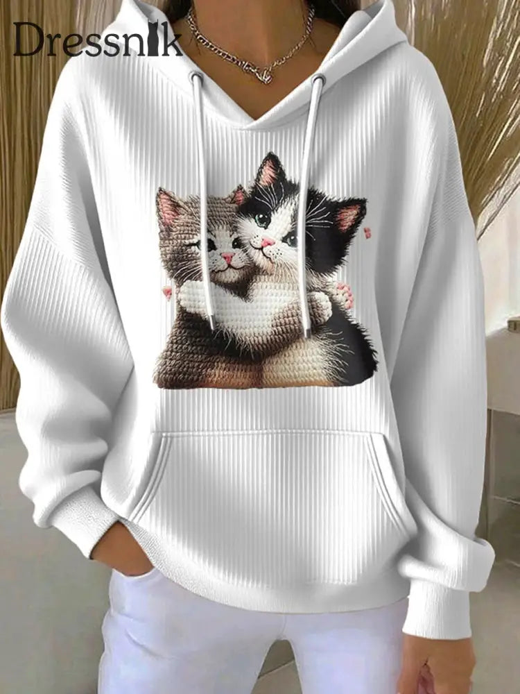 Frauen geschnittener Katzen-Hoodie Weiß / S