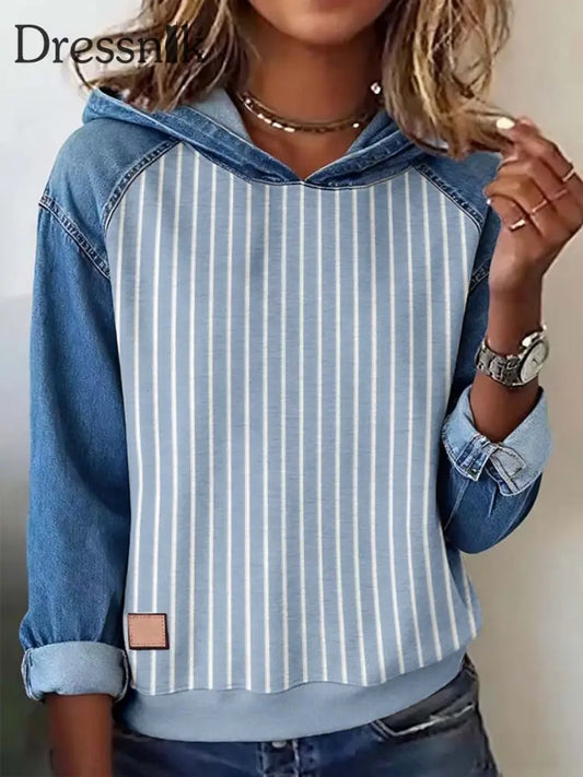Frauen Gestreiftes Muster Patchwork Kunst Hoodie blau / S