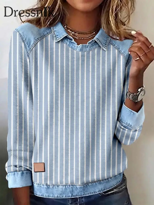 Frauen gestreiftes Muster Patchwork Kunst Sweatshirt blau / S