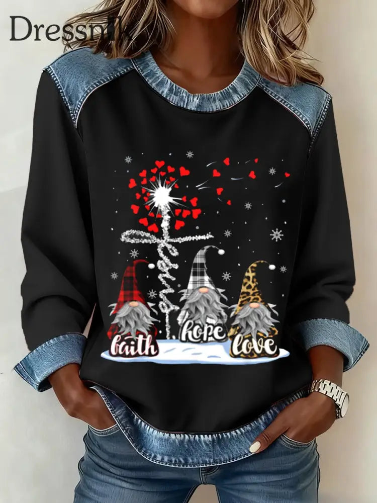 Frauen Glaubens seil Liebe Denim Patchwork Top Schwarz / S