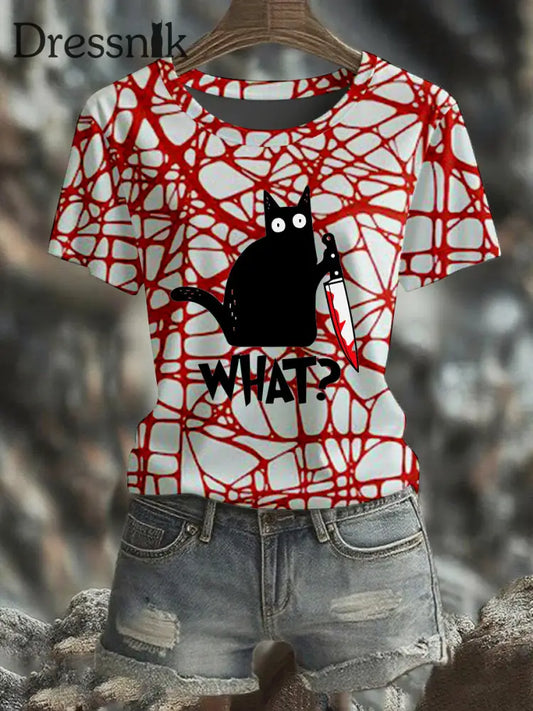 Frauen Halloween Blut beflecktes T-Shirt der schwarzen Katze Kurzarm als bild / S