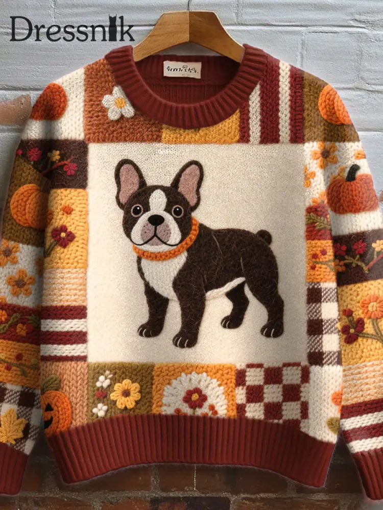 Frauen Halloween inspirierte französische Bulldogge Muster Filz kunst Gemütliche Strick pullover als bild / S
