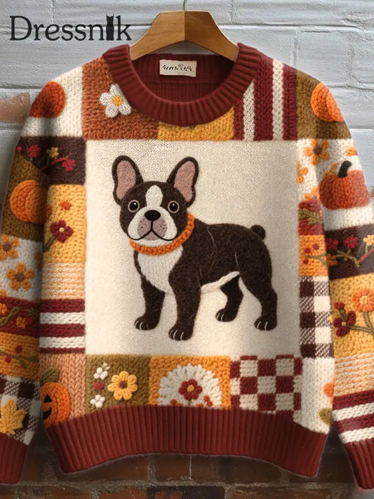 Frauen Halloween inspirierte französische Bulldogge Muster Filz kunst Gemütliche Strick pullover als bild / S