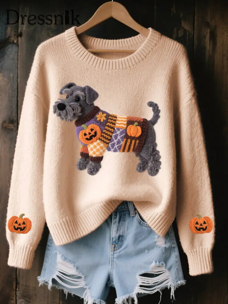 Frauen Halloween inspirierte Schnauzer Hund Filz Kunst Gemütliche Strick pullover Aprikose / S