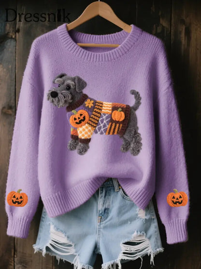 Frauen Halloween inspirierte Schnauzer Hund Filz Kunst Gemütliche Strick pullover Lila / S