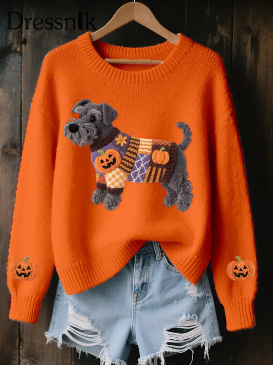 Frauen Halloween inspirierte Schnauzer Hund Filz Kunst Gemütliche Strick pullover Orange / S