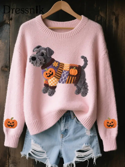 Frauen Halloween inspirierte Schnauzer Hund Filz Kunst Gemütliche Strick pullover Rosa / S