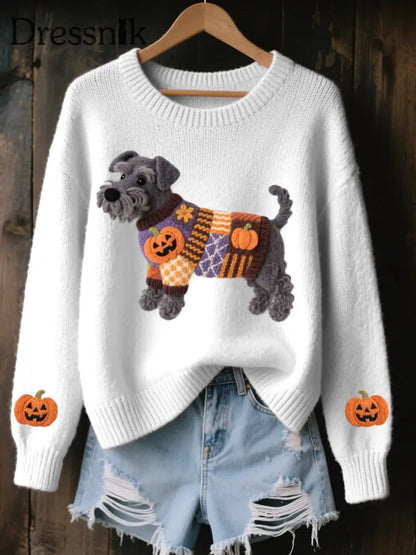 Frauen Halloween inspirierte Schnauzer Hund Filz Kunst Gemütliche Strick pullover Weiß / S