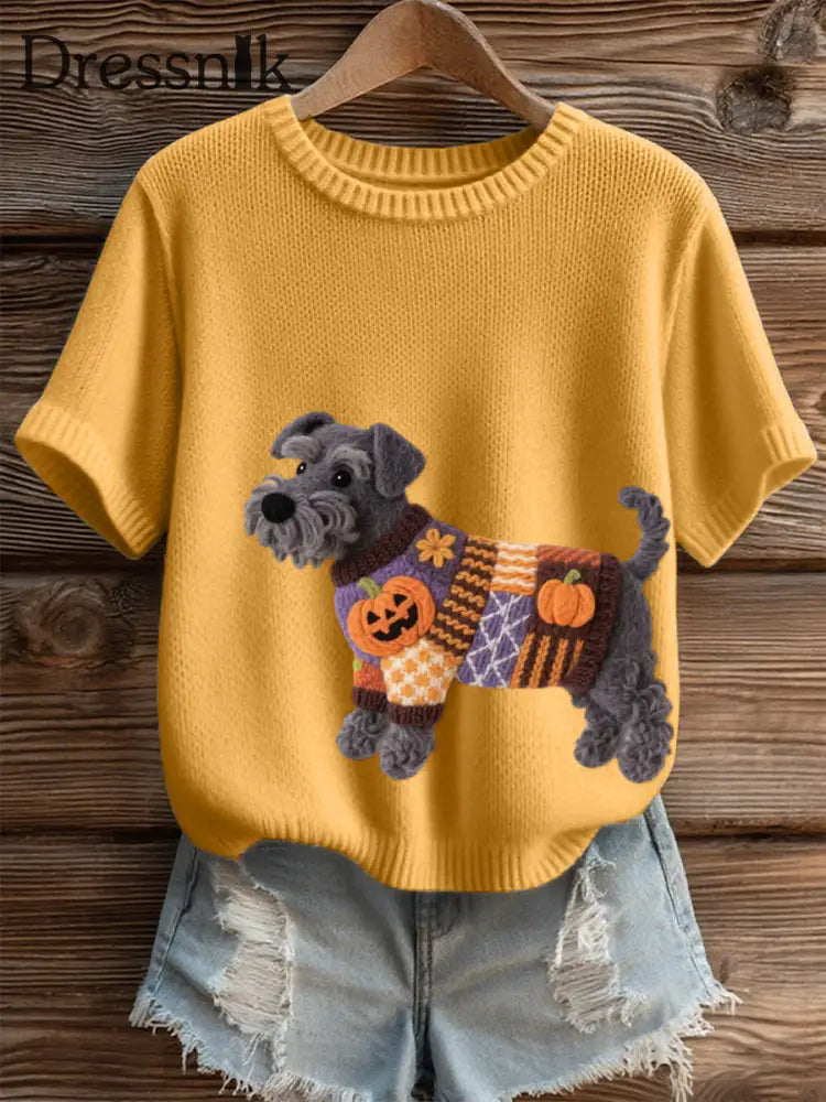 Frauen Halloween inspirierte Schnauzer Hund Filz Kunst Gemütliches Stricktop Gelb / S