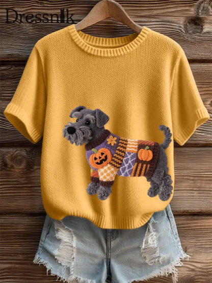 Frauen Halloween inspirierte Schnauzer Hund Filz Kunst Gemütliches Stricktop Gelb / S