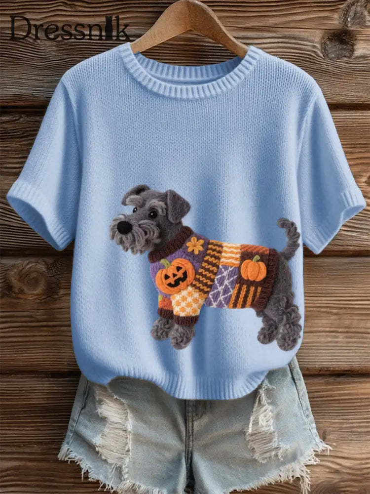 Frauen Halloween inspirierte Schnauzer Hund Filz Kunst Gemütliches Stricktop Hellblau / S