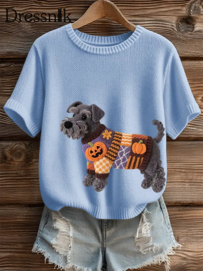 Frauen Halloween inspirierte Schnauzer Hund Filz Kunst Gemütliches Stricktop Hellblau / S