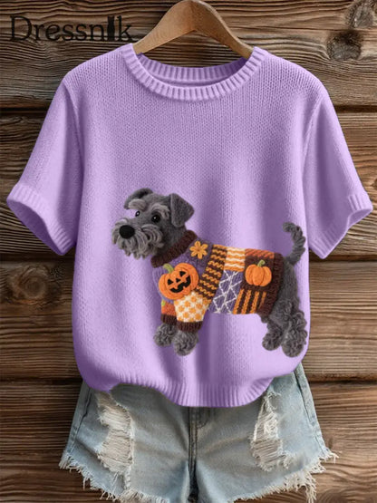Frauen Halloween inspirierte Schnauzer Hund Filz Kunst Gemütliches Stricktop Lila / S