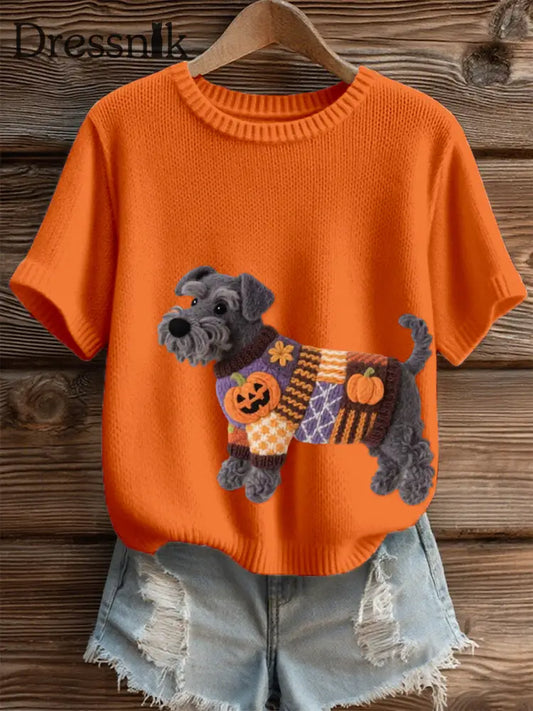 Frauen Halloween inspirierte Schnauzer Hund Filz Kunst Gemütliches Stricktop Orange / S