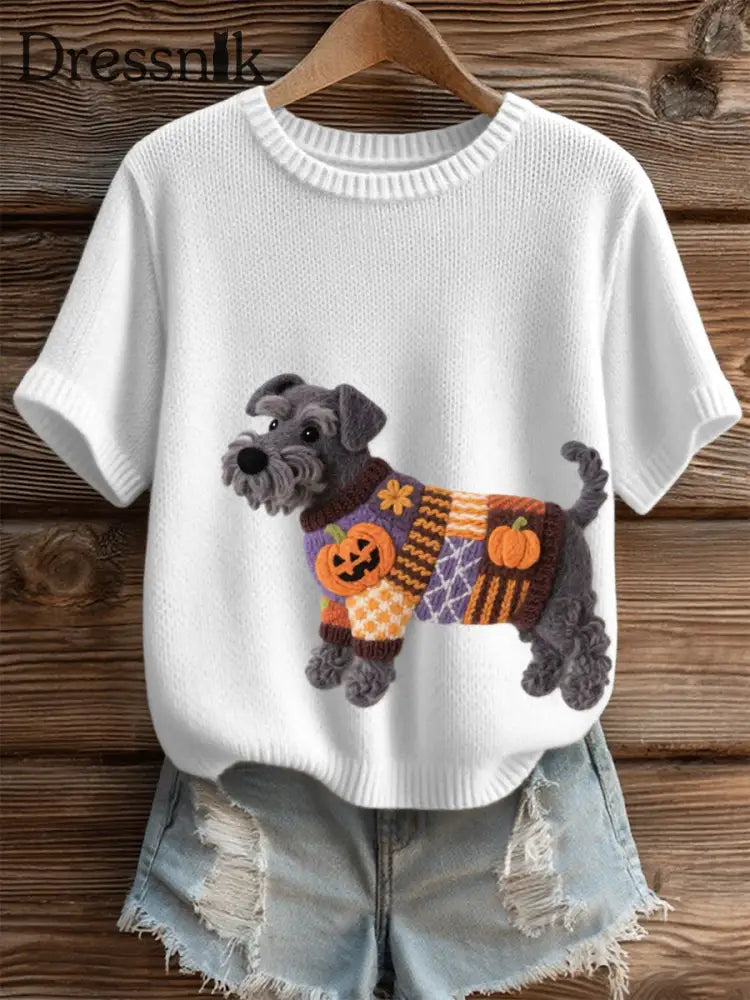 Frauen Halloween inspirierte Schnauzer Hund Filz Kunst Gemütliches Stricktop Weiß / S