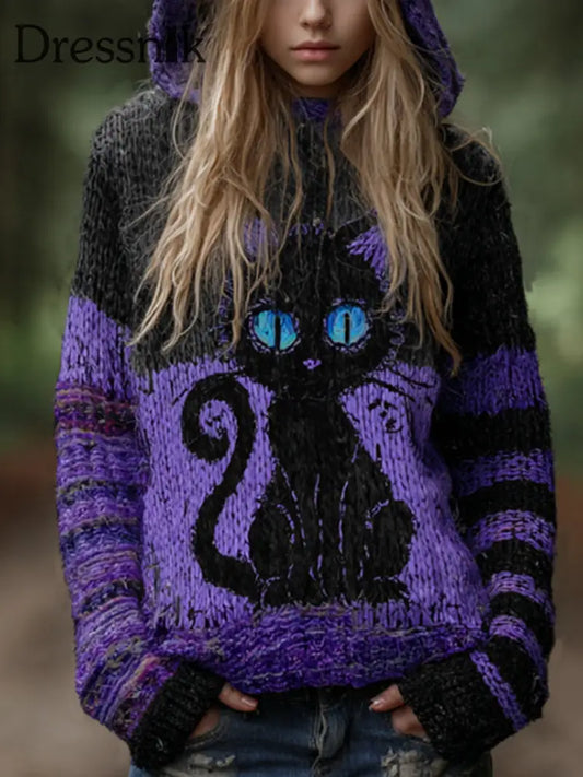 Frauen Halloween schwarze Katze Hoodie Lila / S