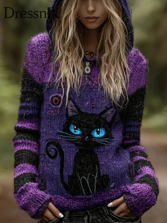 Frauen Halloween schwarze Katze Hoodie Lila / S