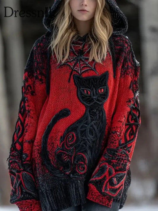 Frauen Halloween schwarze Katze Hoodie Rot / S