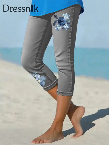Frauen hawaiian ische Jeans schildkröte Hibiskus geschnittene Leggings Dunkelgrau / S