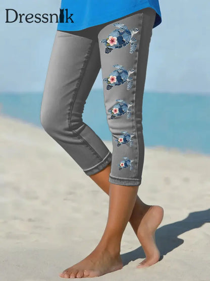 Frauen hawaiian ische Jeans schildkröte Hibiskus geschnittene Leggings Dunkelgrau / S