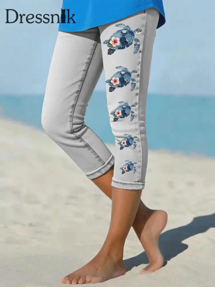 Frauen hawaiian ische Jeans schildkröte Hibiskus geschnittene Leggings Hellgrau / S