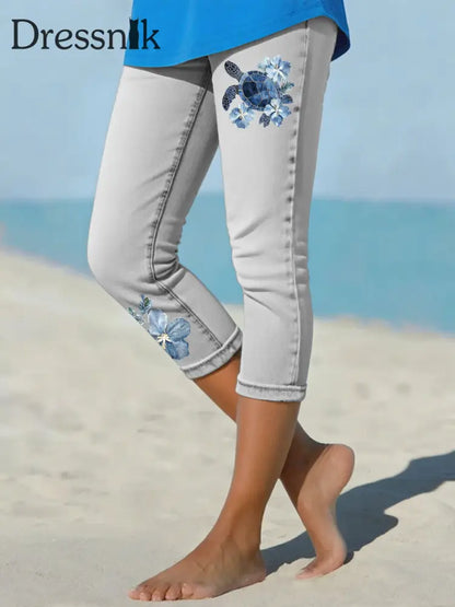 Frauen hawaiian ische Jeans schildkröte Hibiskus geschnittene Leggings Hellgrau / S