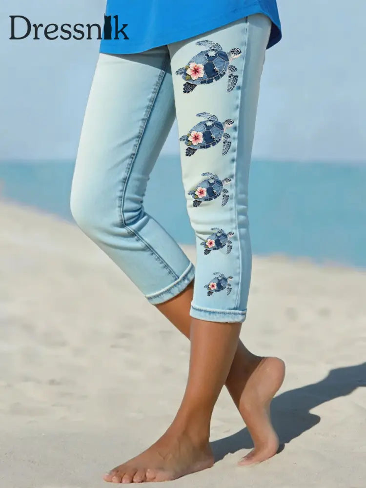 Frauen hawaiian ische Jeans schildkröte Hibiskus geschnittene Leggings Himmelblau / S