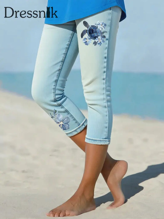 Frauen hawaiian ische Jeans schildkröte Hibiskus geschnittene Leggings Himmelblau / S